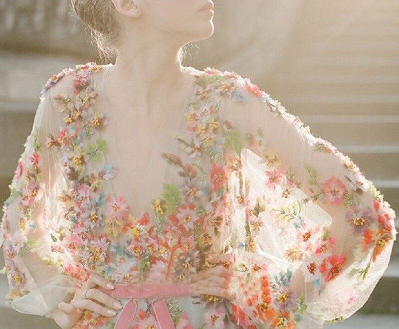 Colorful Wedding Dresses A-line V-Neck Full Sleeves Tulle 3D Flowers Bridal Gown