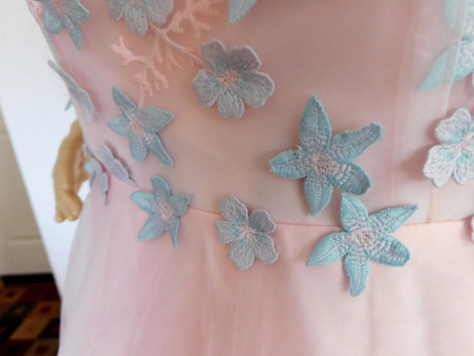Vintage Pink Floral Appliques V Neck Polyester Floor Length Wedding Dress XL
