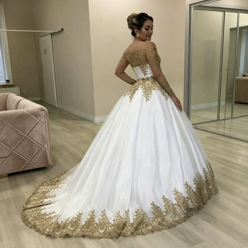 Gold Lace Luxury Wedding Dresses Ball Gown Off Shoulder Long Sleeves Bride Gowns