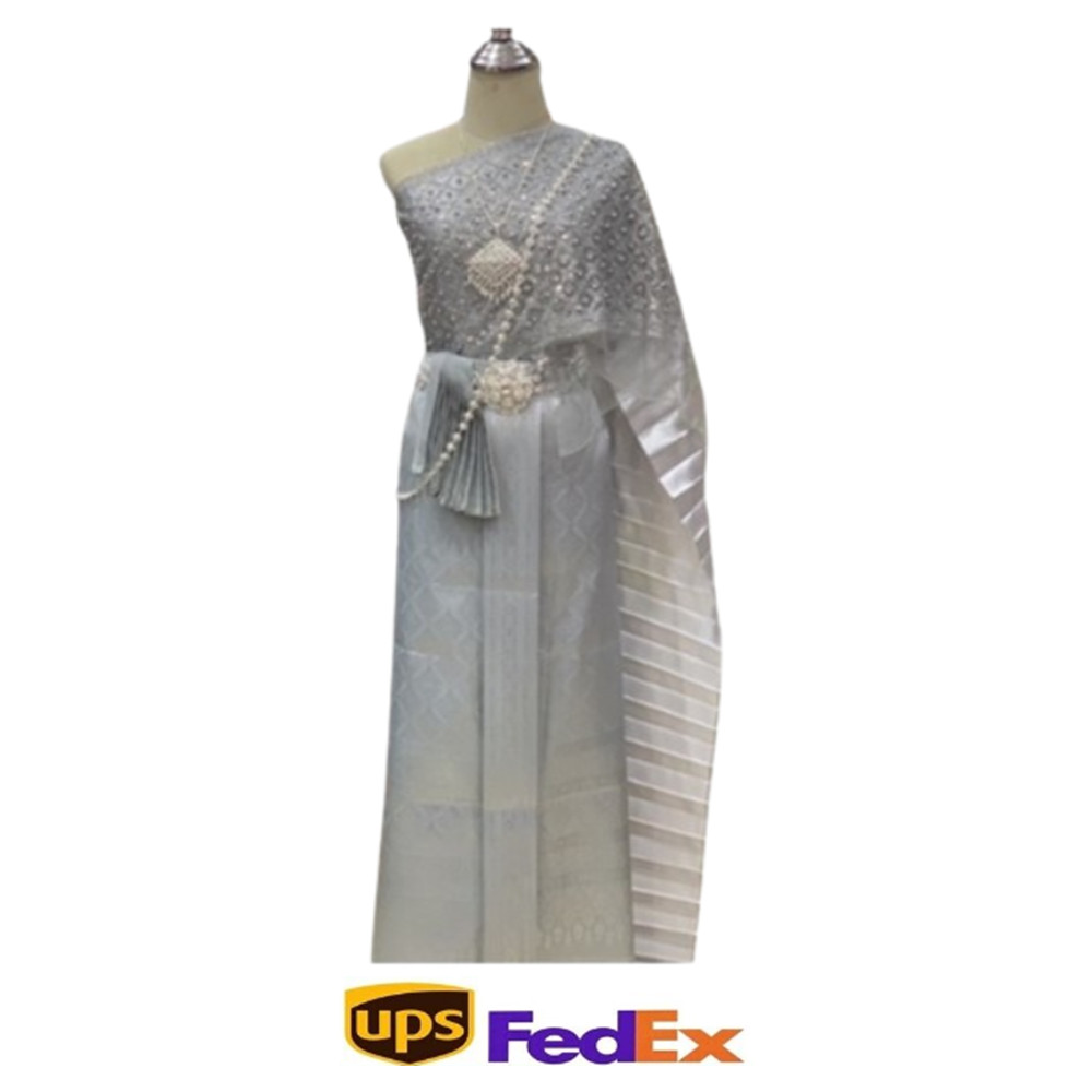 Chud Thai Traditional Wedding Dress Cloth Skirt # F Silver Gray Accessories
