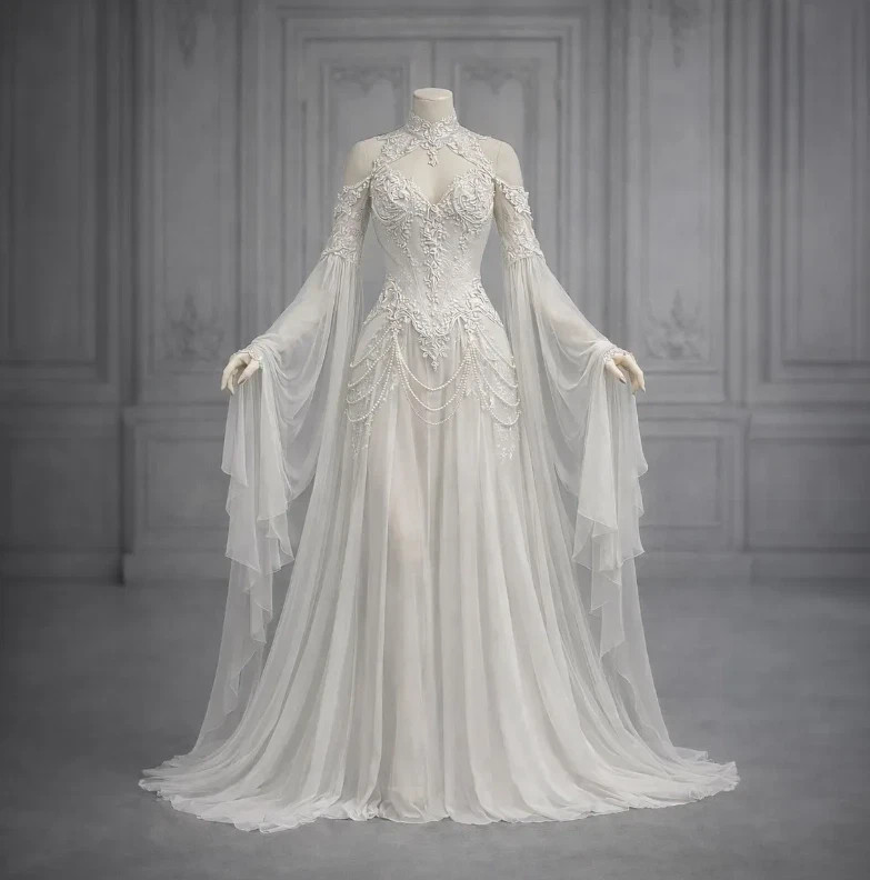 Celtic Chiffon Wedding Dress Cold Shoulder Flared Bell Sleeve Beaded Bridal Gown