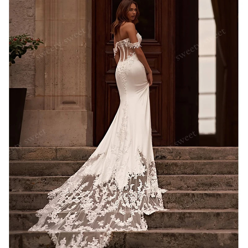 Off Shoulder Mermaid Wedding Dresses Satin Lace Sleeveless Boat Neck ﻿Gowns