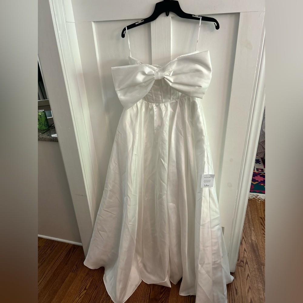 Lulus Refined Extravagance White Taffeta Bow Maxi Dress Small