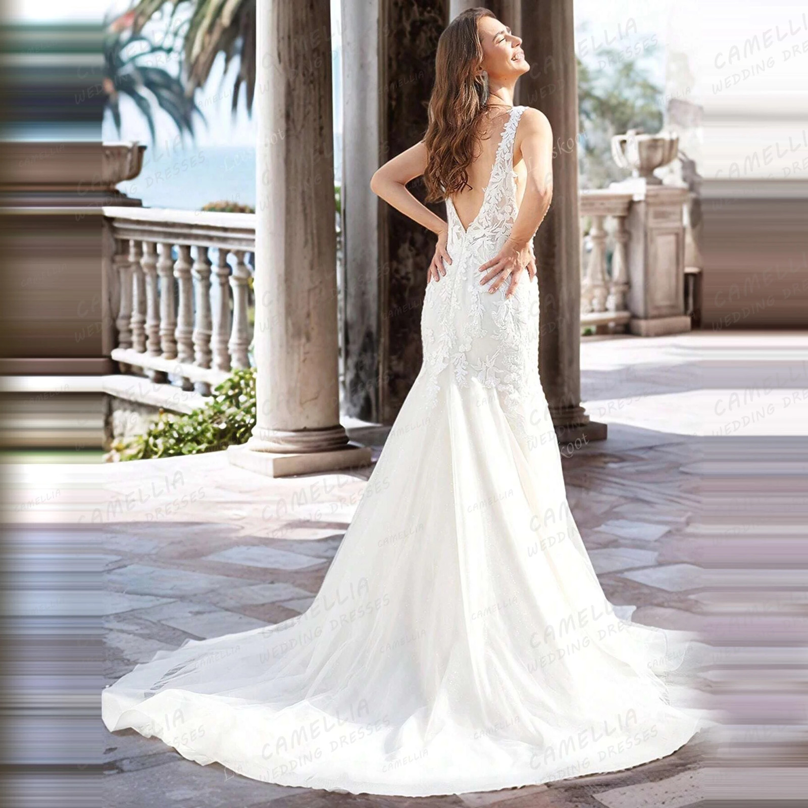 Luxury Wedding Dresses Women’s Mermaid Lace Sexy V Neck Bridal Gowns Sleeveless