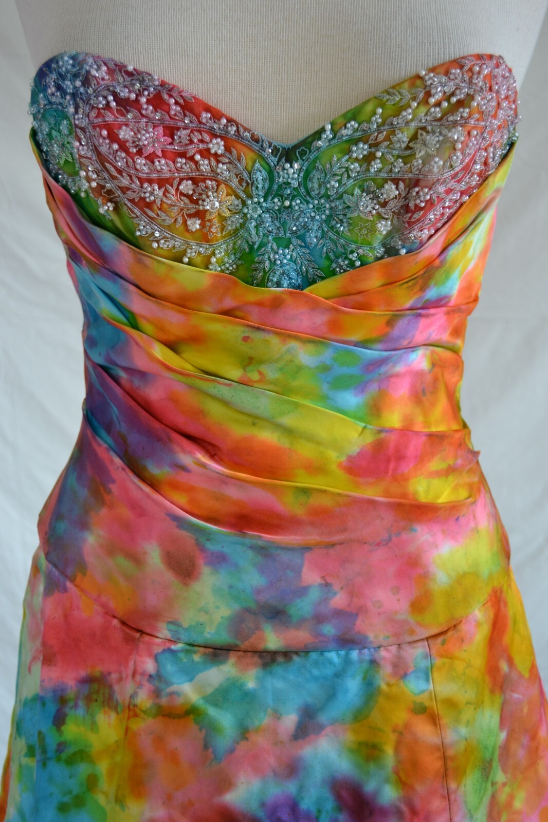 NEW silk Bohemian Wedding Dress destination beach Blue pink white tie dye gown M