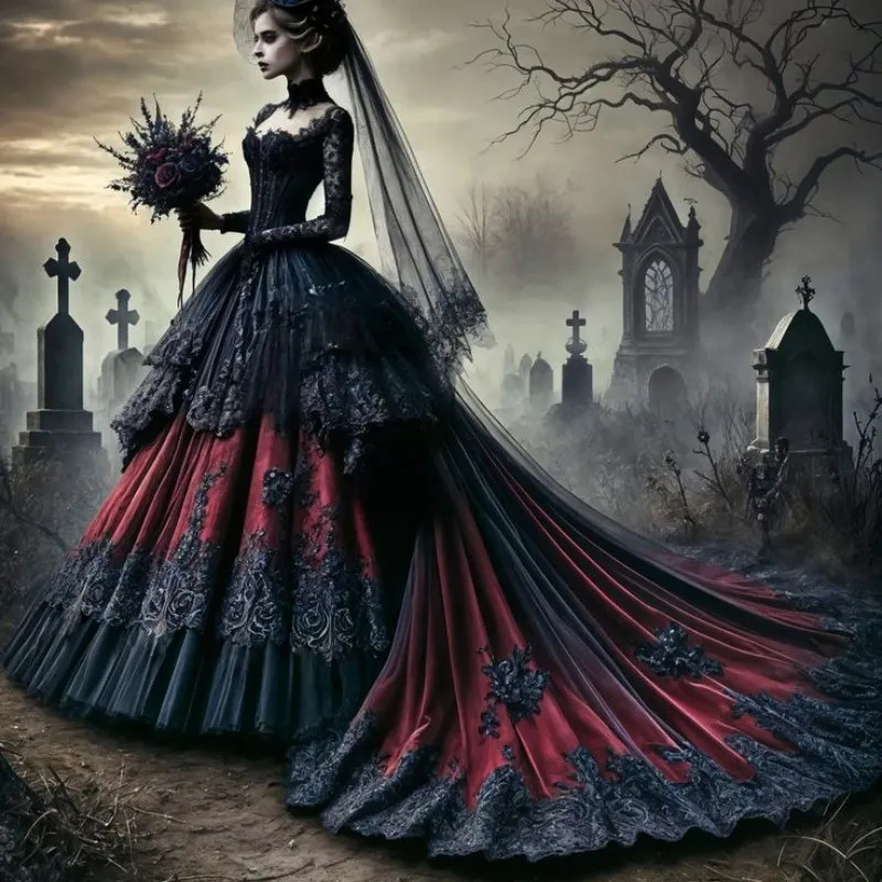 Gothic Black Red Wedding Dresses Long Sleeves Lace Appliques Detachable Train