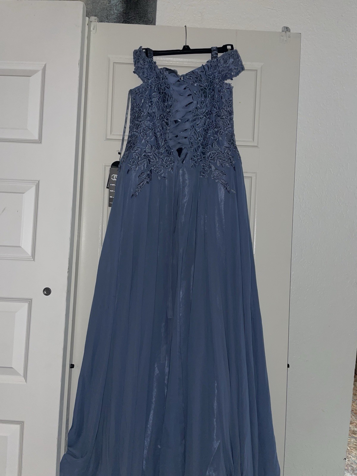 Eva Dress Slate Blue L Off-shoulder EV5239 Chiffon Corset Back NWT