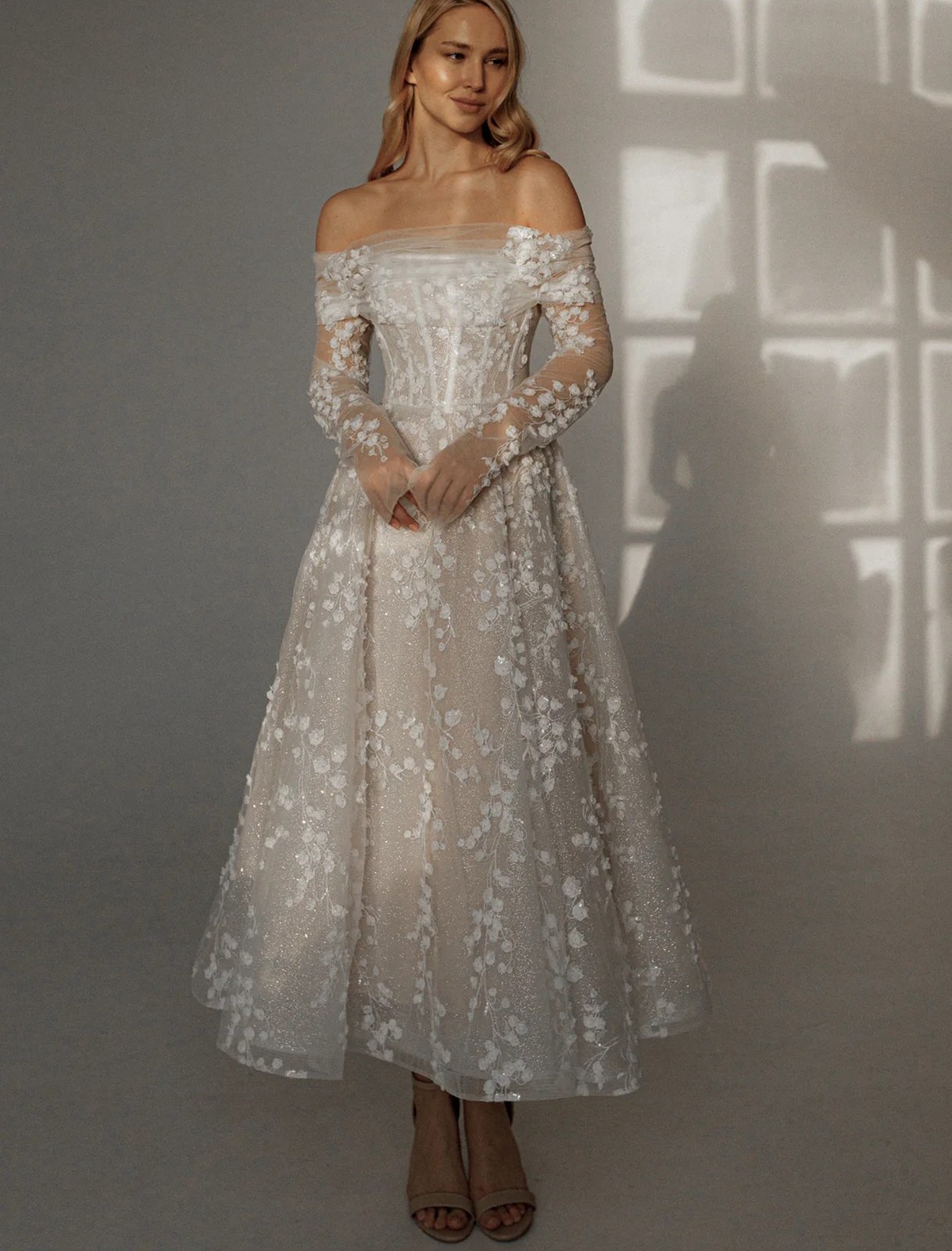 Glitter Lace Wedding Dress Floral 32-60 Off Shoulder Detachable Bolero Beads