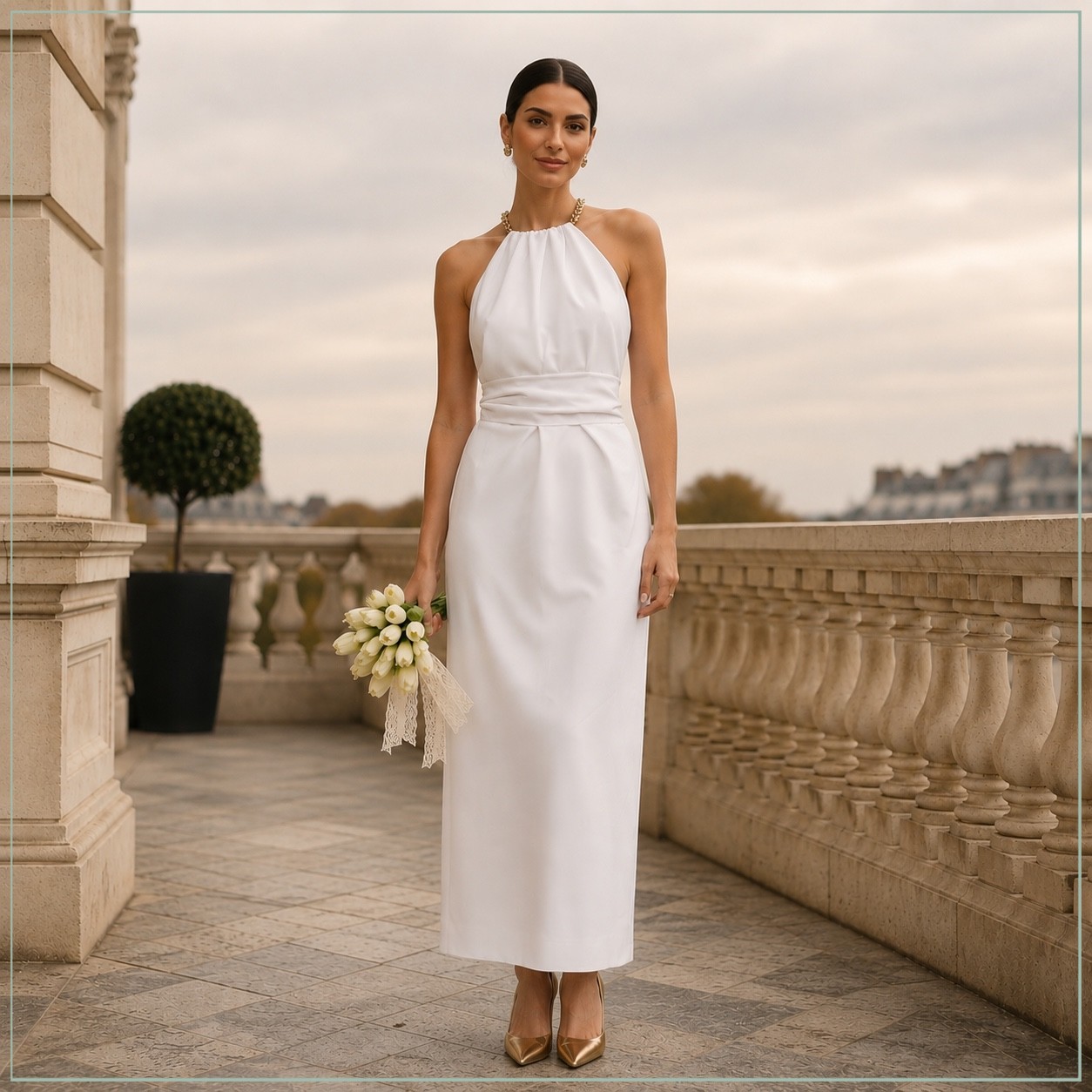 $3550 Carolina Herrera Chain Neck Matte Satin-Crepe Runway Dress