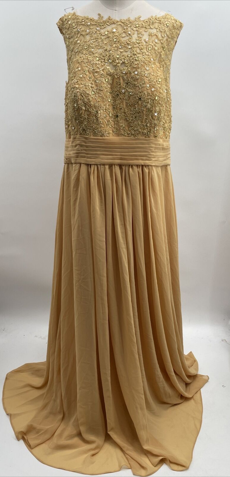 Women’s Wedding Embroidery Mustard Scoop Neck Sleeveless Satin Lace Gown Size 12