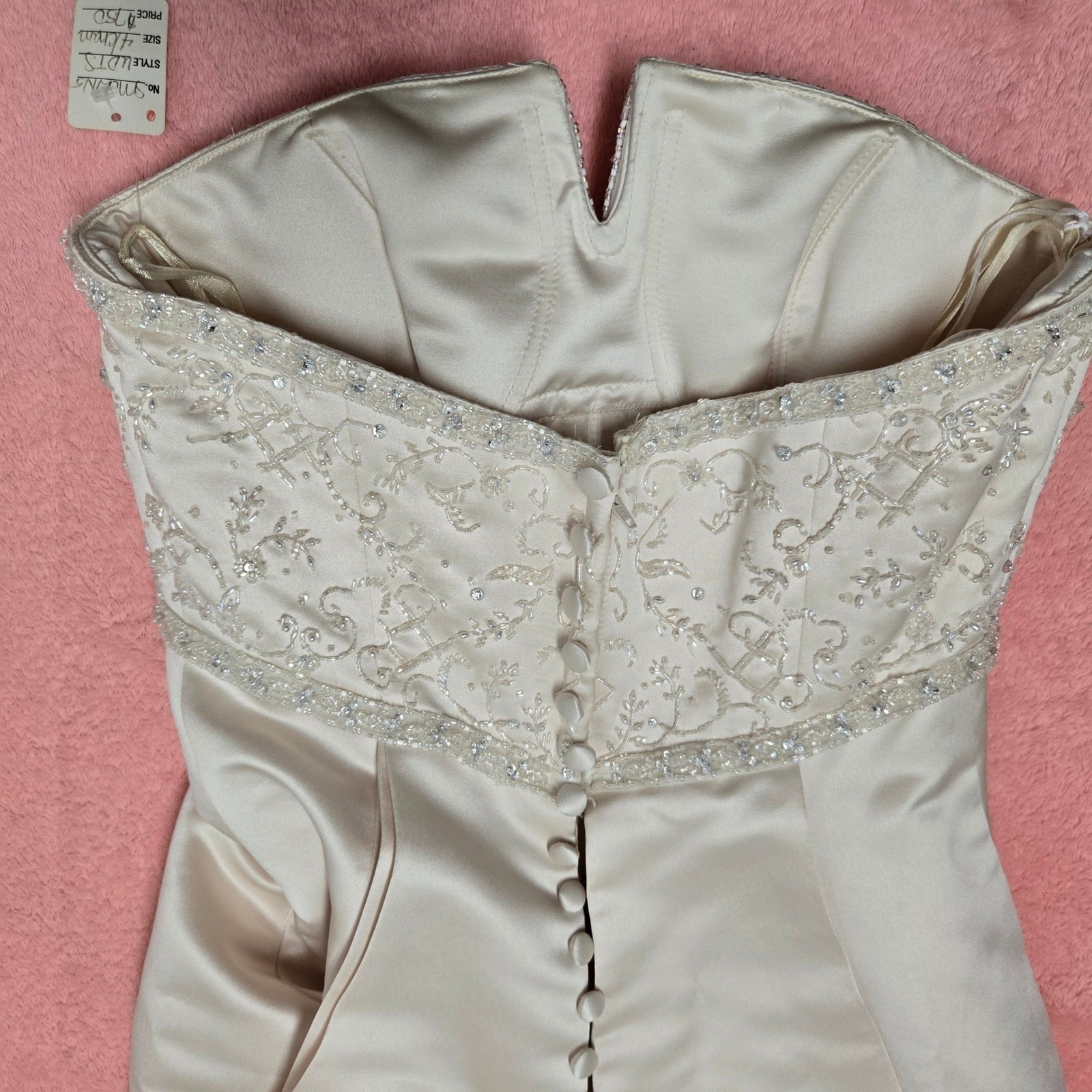 Mori Lee Champagne Satin Beaded Strapless Wedding Dress Gown Train Size 4 Used