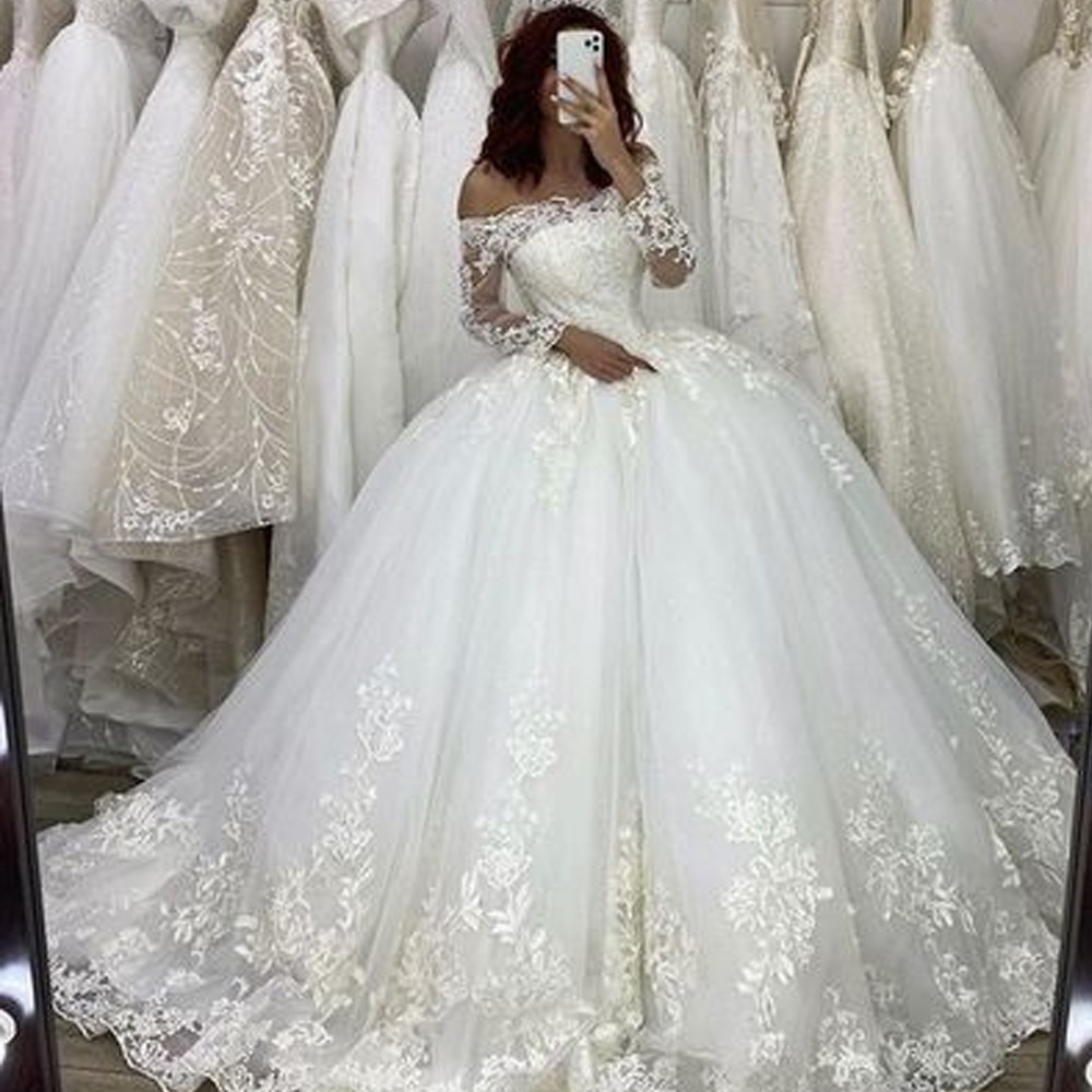 Wedding Dresses with Off The Shoulder Long Long Sleeve Lace Applique Bridal Gown