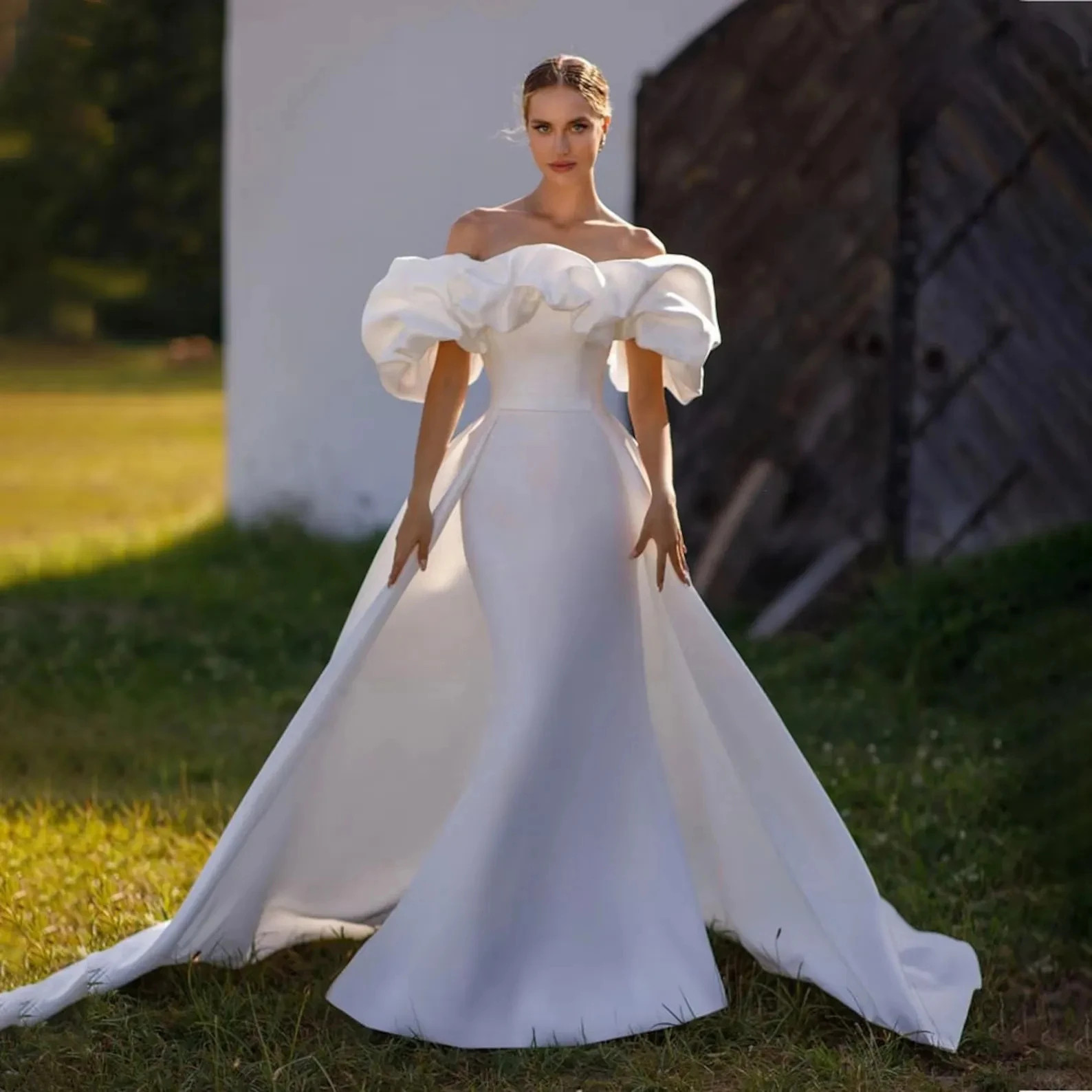 Off Shoulder Satin Mermaid Wedding Dress Detachable Overskirt Bridal Gown