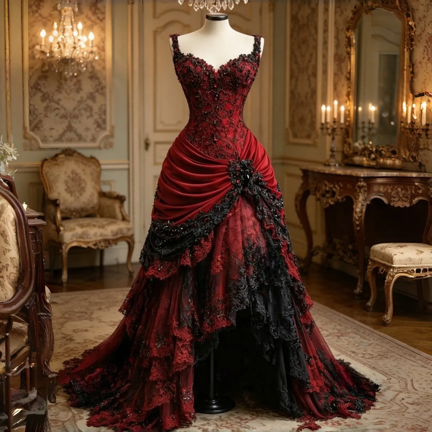 Gothic Red Black Wedding Dresses Spaghetti Straps Ruched High Low Bridal Gowns