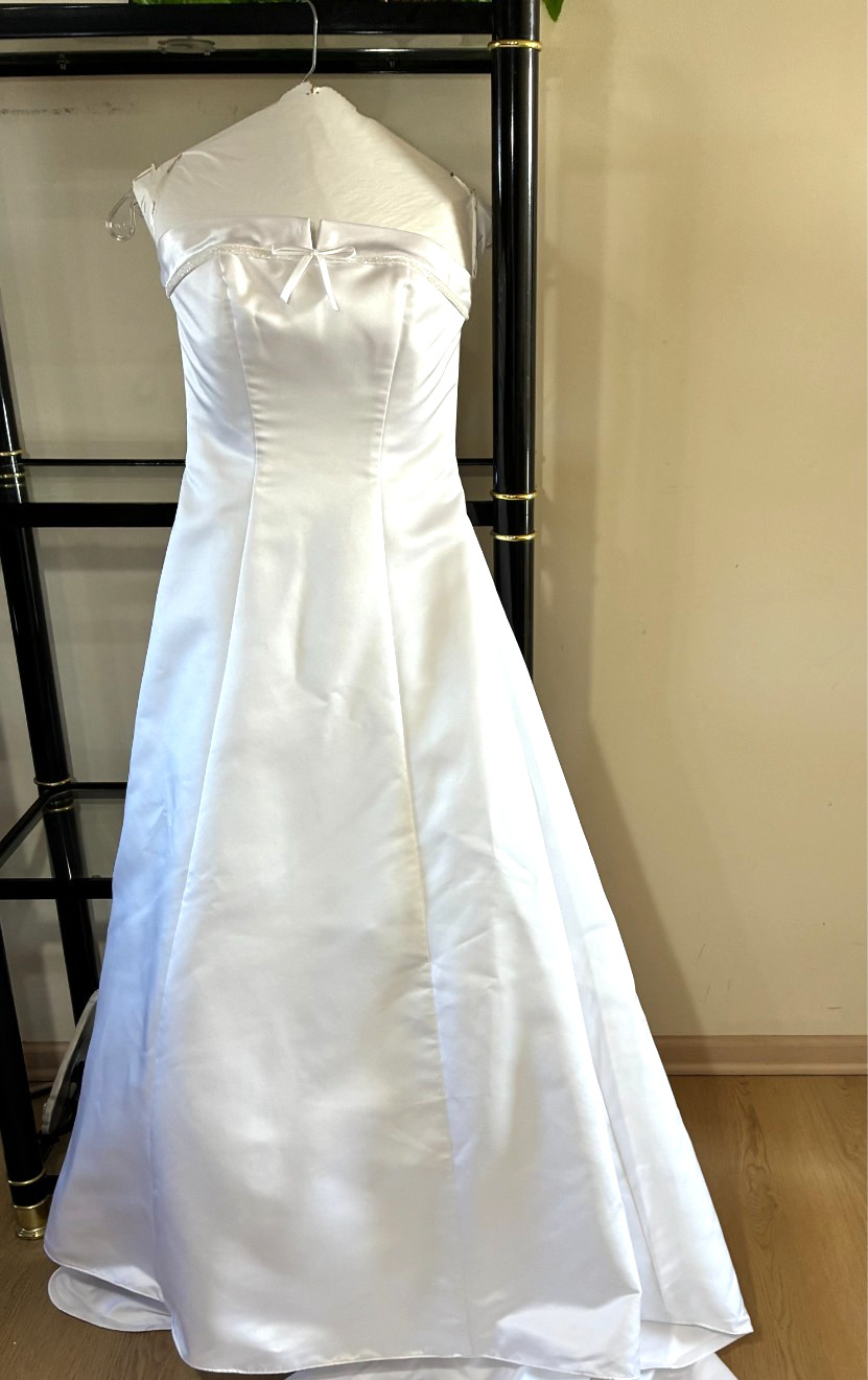 Michaelangelo DB Strapless Satin Wedding Gown Buttons (White)-Sz 6 (MSRP$875)