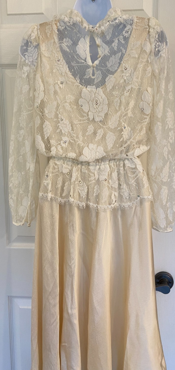 Vtg Rina di’Montella Dress Formal Bridal Ivory Lace Crystals Midi 100% Silk Sz 4