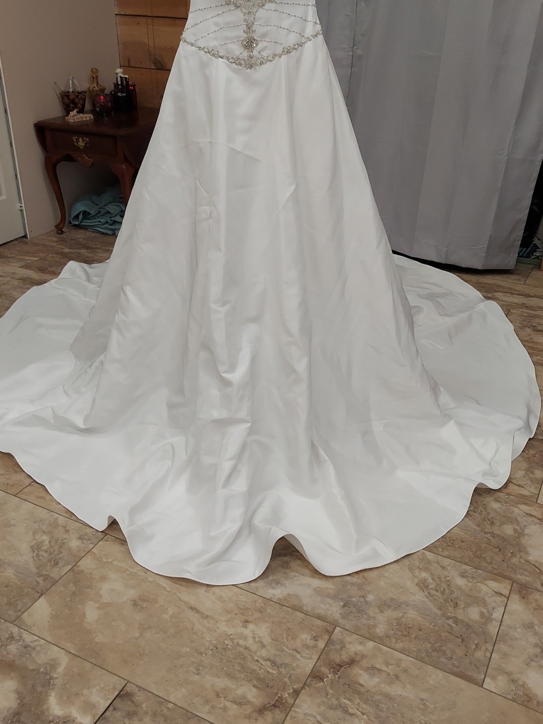 Eden Bridal White Pearl Beaded Gem Cementrical Train Adjustable Lace Down Back