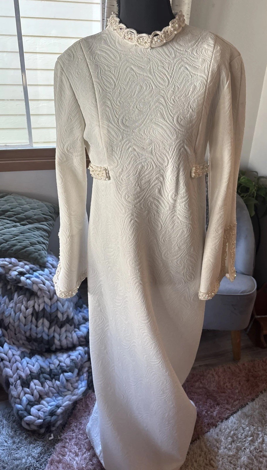 Vintage MCM 1960s Ivory Jacquard Wedding Dress bridal beaded Lace bell sleeves