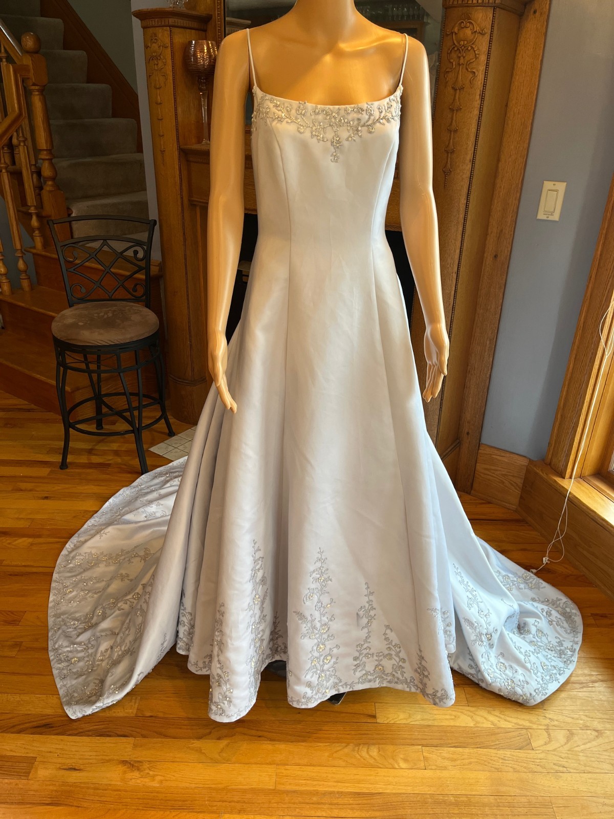 *Casablanca Gray Satin Straps Detachable Train Wedding Gown Bridal Dress Size 14
