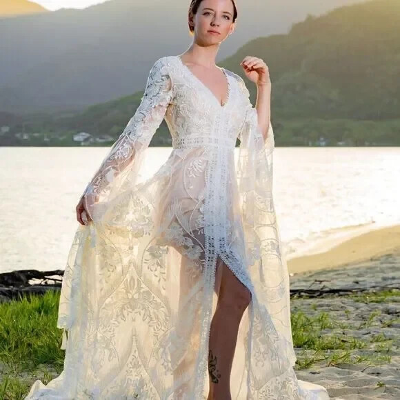 Boho Mermaid A-LIne Wedding Dress with Long Bell Sleeves V Neck and Beading