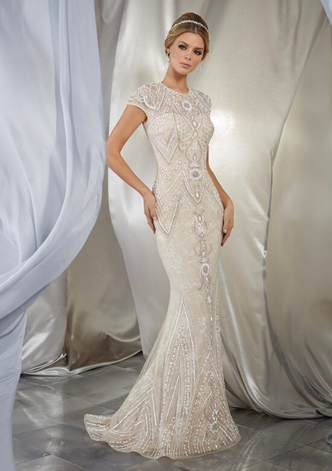 NWT Madeline Gardner Art Deco Beaded Gown – Size 18 Champagne Nude Formal Bridal