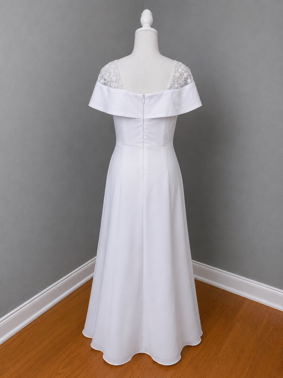 #42-7 White Square Neck Lace Beaded Sequin Wedding Dress Full Length Zip Lrg 14
