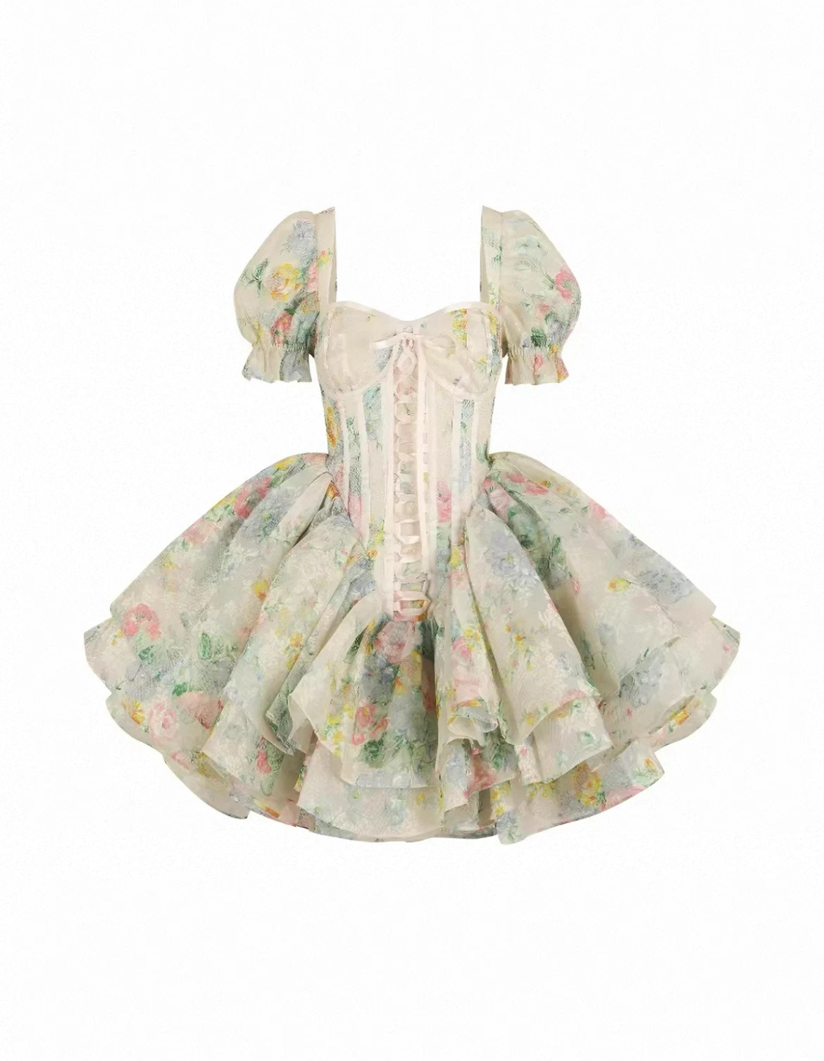 princesscore Briar rose mini puff corset dress in organza and printed mesh