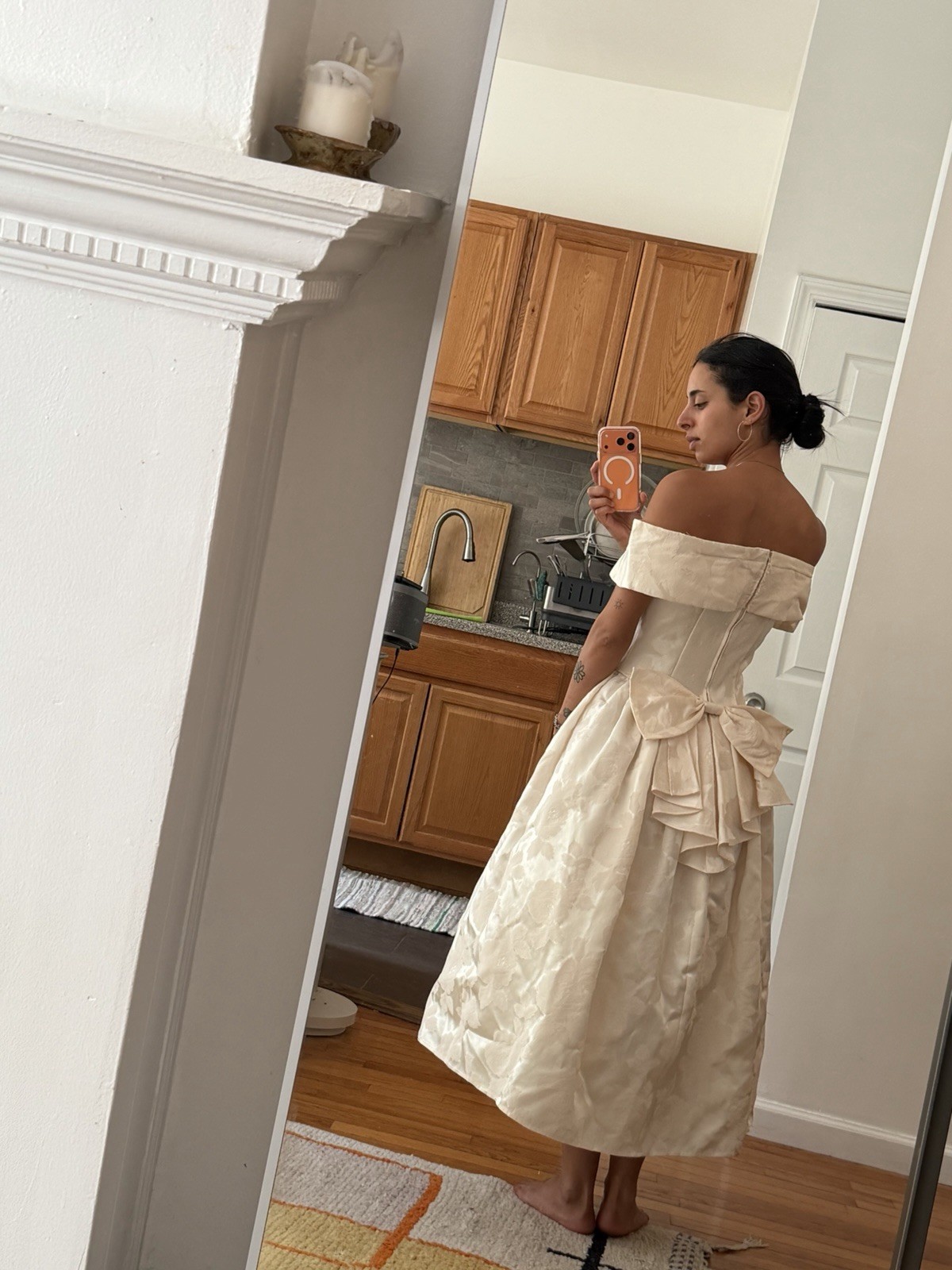 Ivory Off-Shoulder Portrait Neck Ball Gown/Duchess Tea Length Wedding Dress