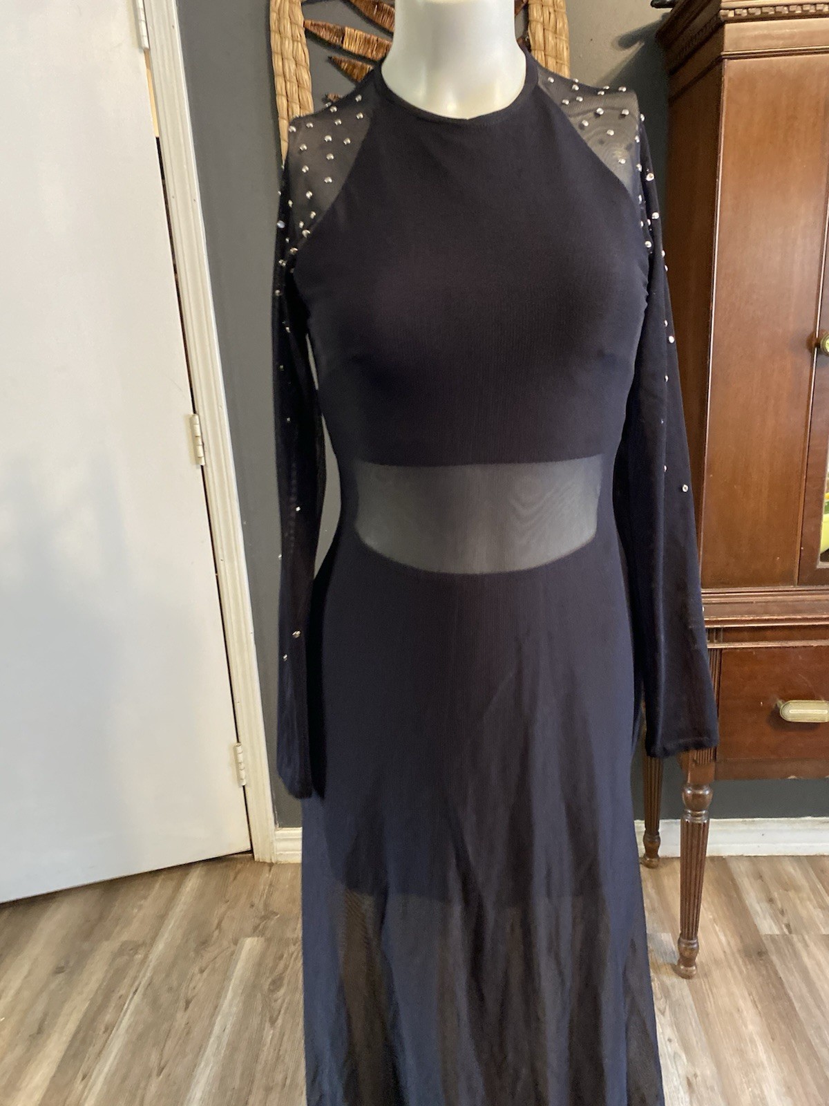 Vintage Tadashi Long Sleeve Rhinestone Studded Mesh Illusion Maxi Dress S