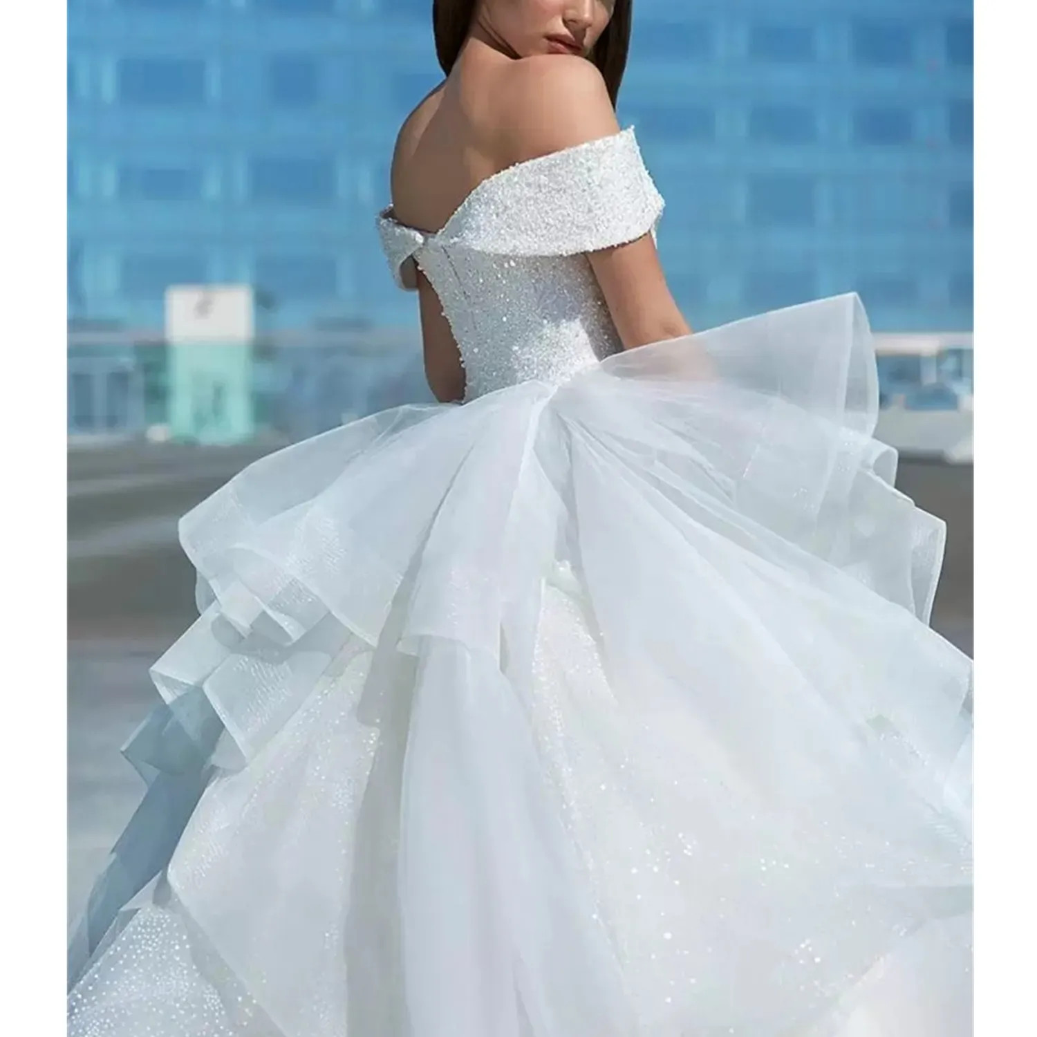 Ball Gown Wedding Dresses Off Shoulder Beaded Sequins Ruffle Train Bridal Gowns