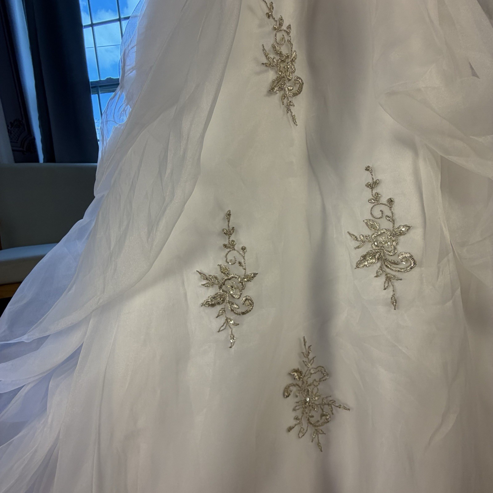La Joli Mode Strapless White Wedding Gown With Gold Beaded Embellishment Size 10