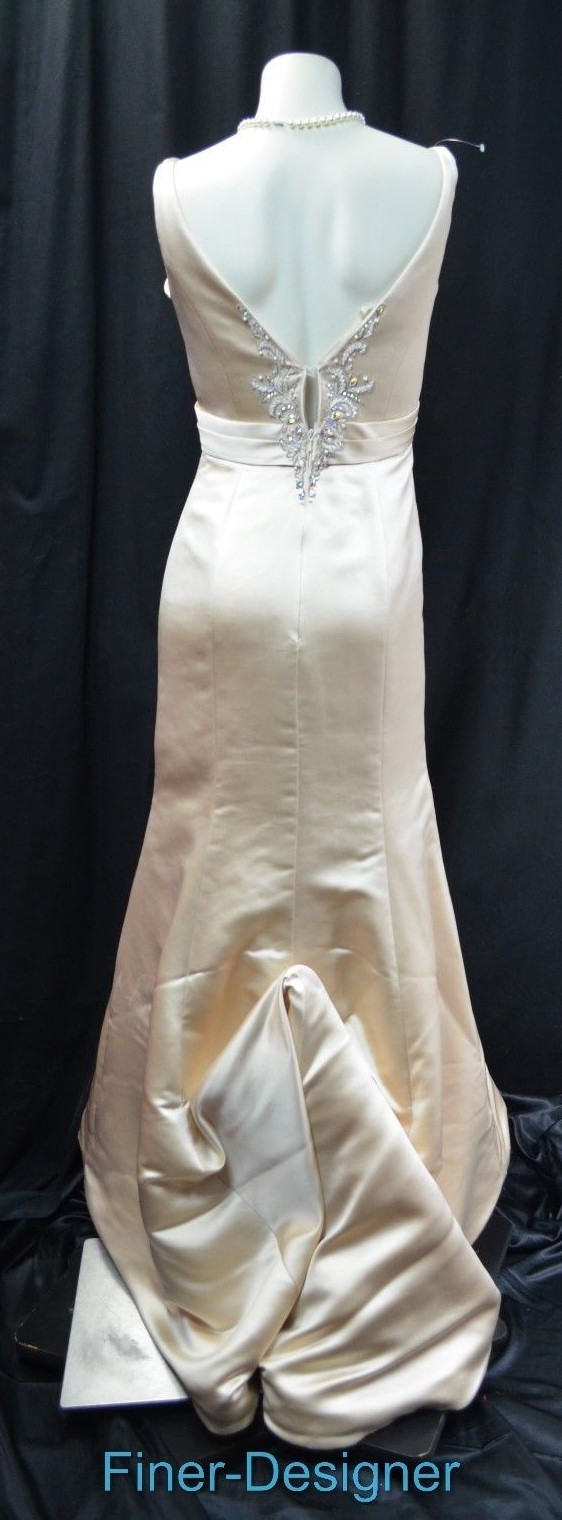 DEMETRIOS BEADED TRUMPET Wedding bridal dress champagne satin sleeveless 10 NEW