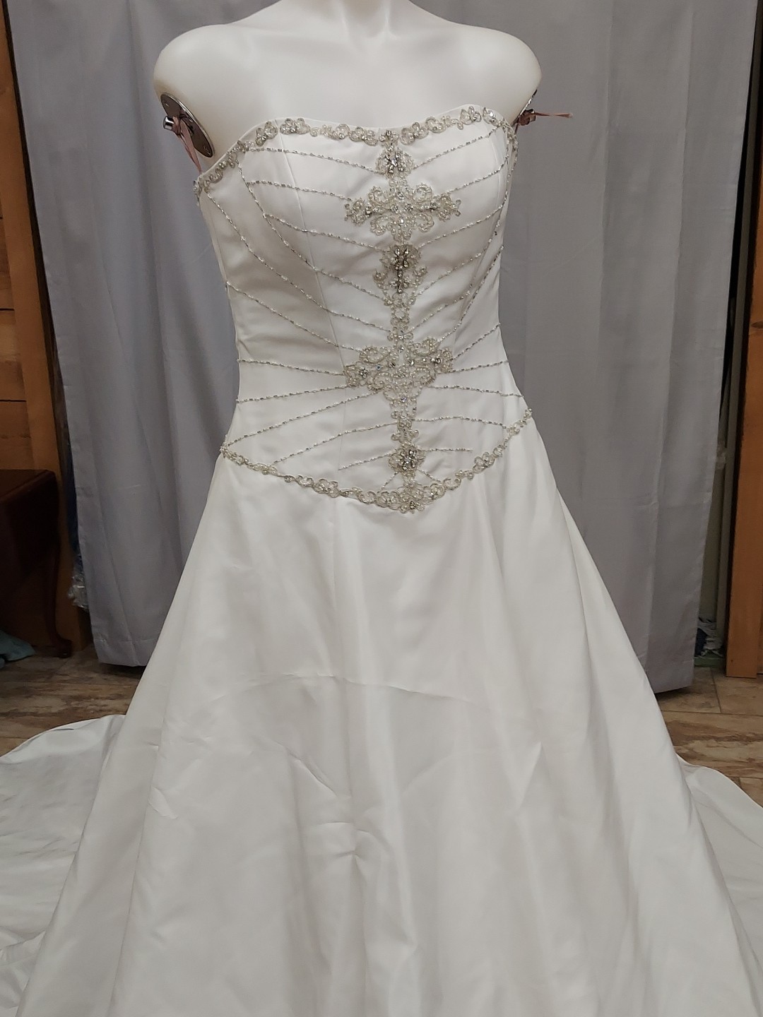 Eden Bridal White Pearl Beaded Gem Cementrical Train Adjustable Lace Down Back
