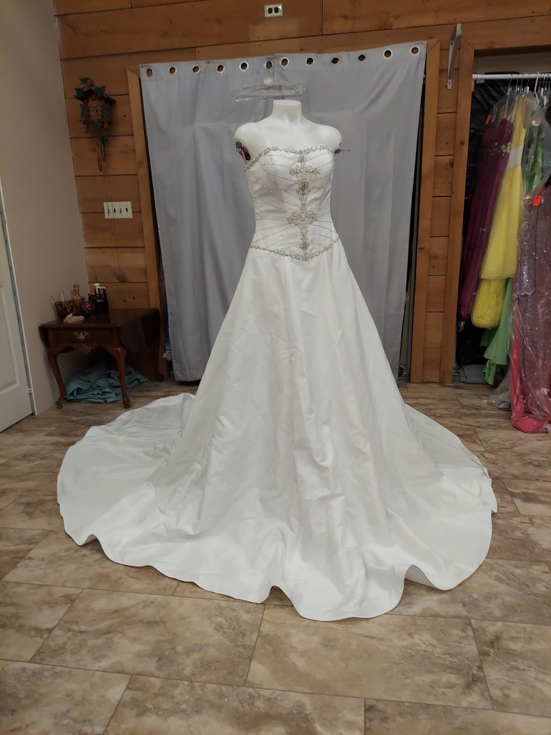 Eden Bridal White Pearl Beaded Gem Cementrical Train Adjustable Lace Down Back