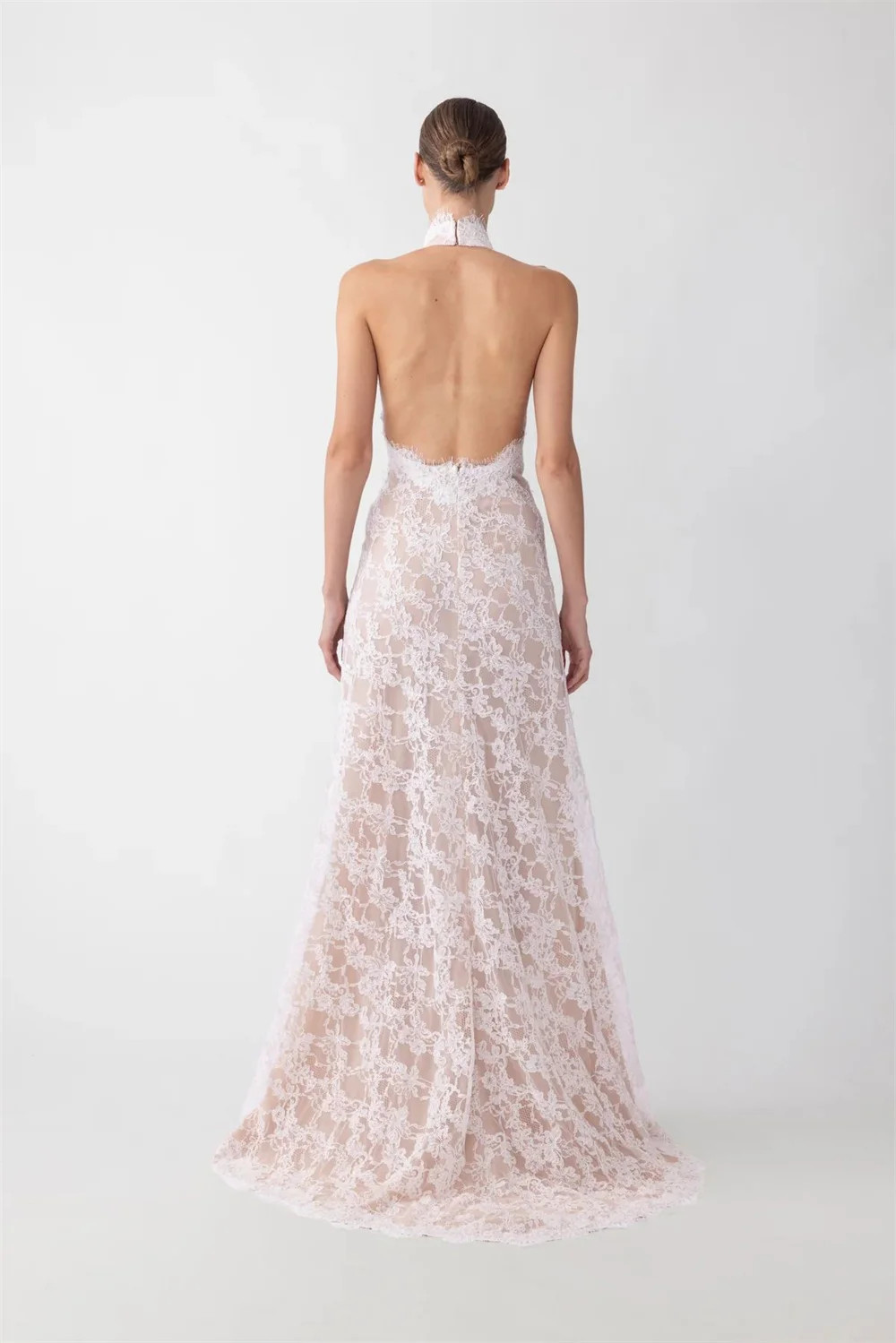 Customized White Halter Neck Wedding Dresses Sleeveless Side High Split Backless