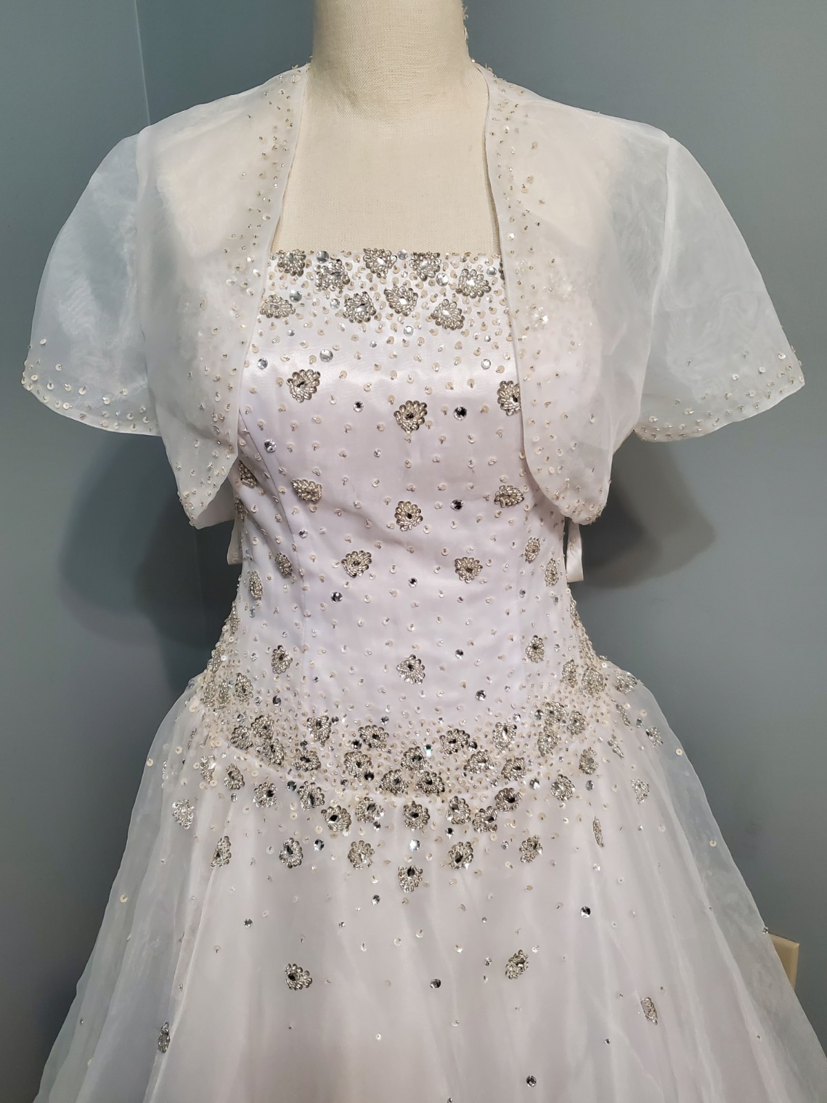 Mary’s Bridal White Wedding Dress Strapless Beaded Ball Gown w/ Bolero Jacket 10