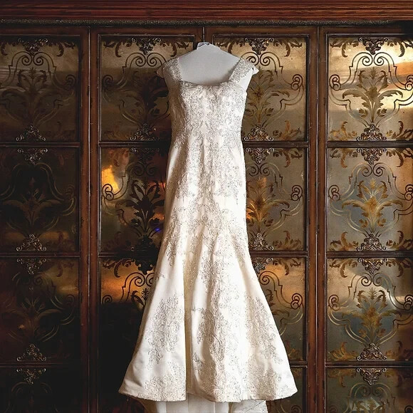Oleg Cassini Ivory Satin and Beaded Wedding Gown (Price reduced)