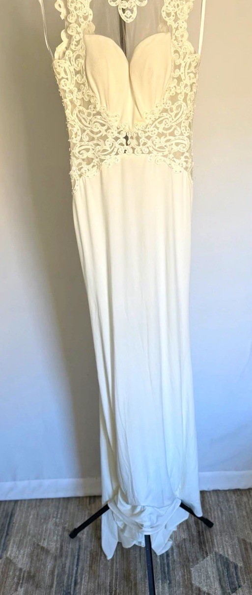 Cinderella Divine White Lace Sleeveless V-Neck Long Wedding Dress 4