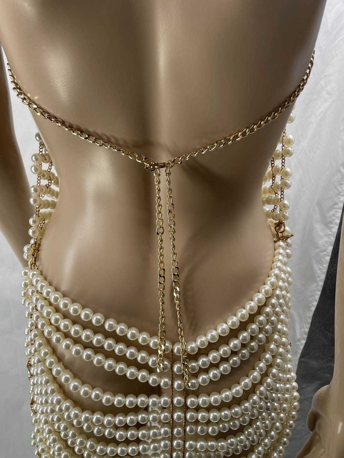 Beaded Metal Mesh Backless Pearl Dress Retro Sexy Fashion Body Chain Adjustable