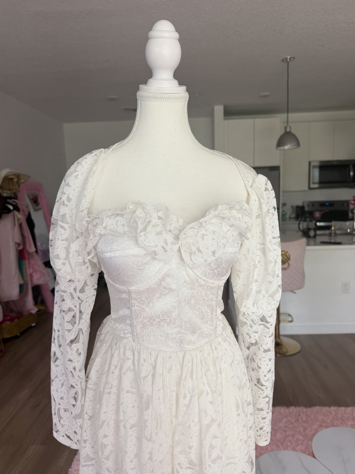 Tailored White Lace Off Shoulder Long Sleeve A-Line Full-Length Dress M