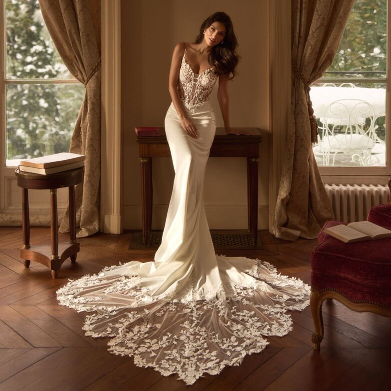 Summer fit flare crepe mermaid lace wedding dress wedding dress with train