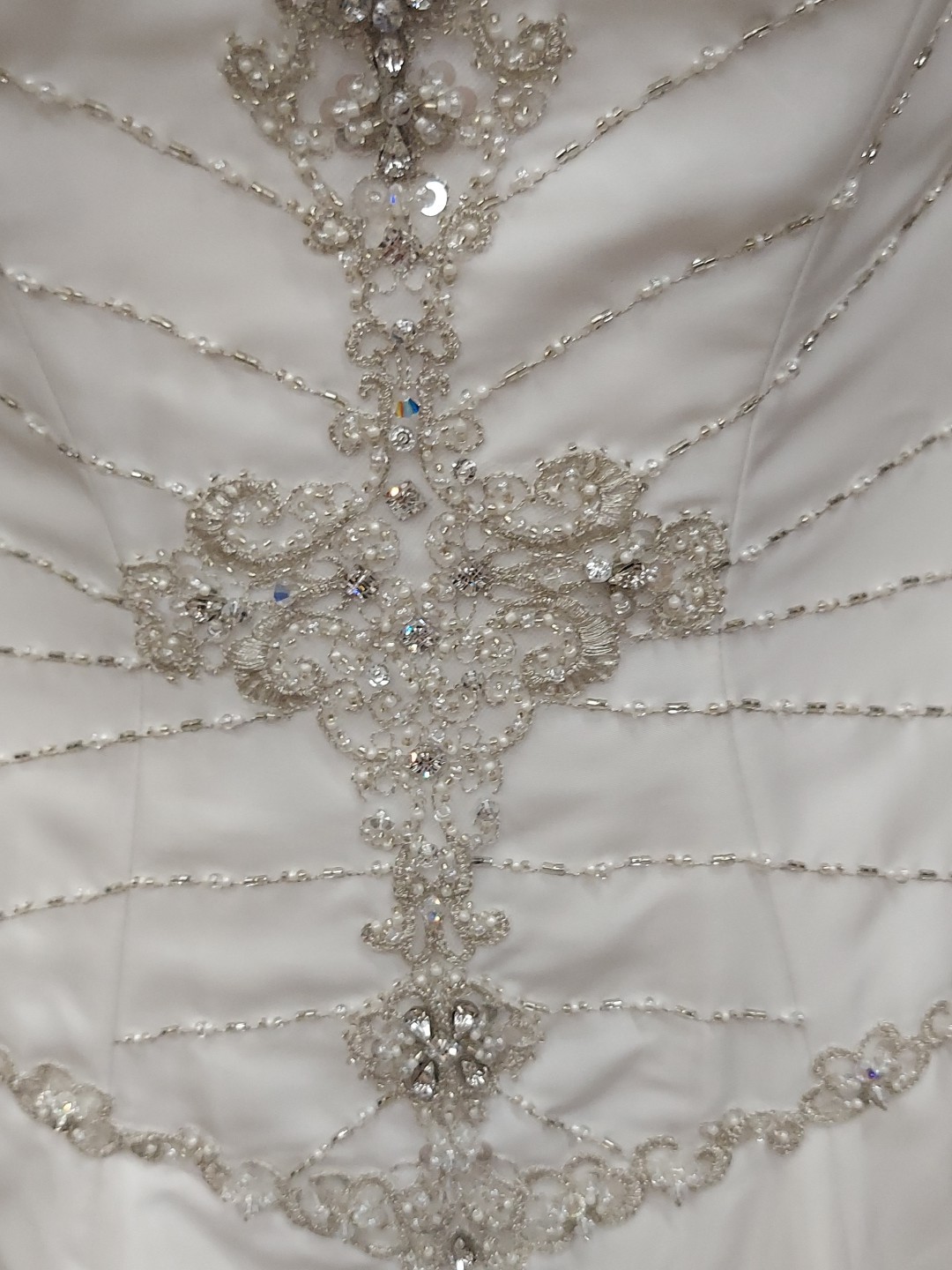 Eden Bridal White Pearl Beaded Gem Cementrical Train Adjustable Lace Down Back