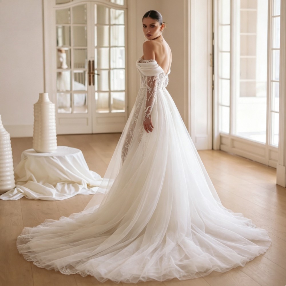 Off Shoulder Long Sleeve Beaded Lace Mermaid Wedding Dress With Detachable Train