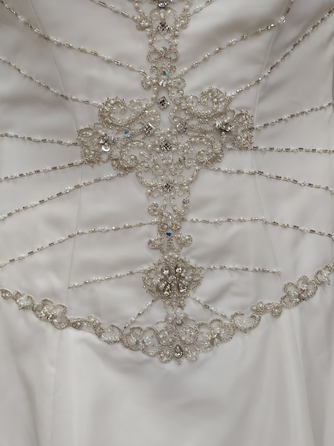 Eden Bridal White Pearl Beaded Gem Cementrical Train Adjustable Lace Down Back