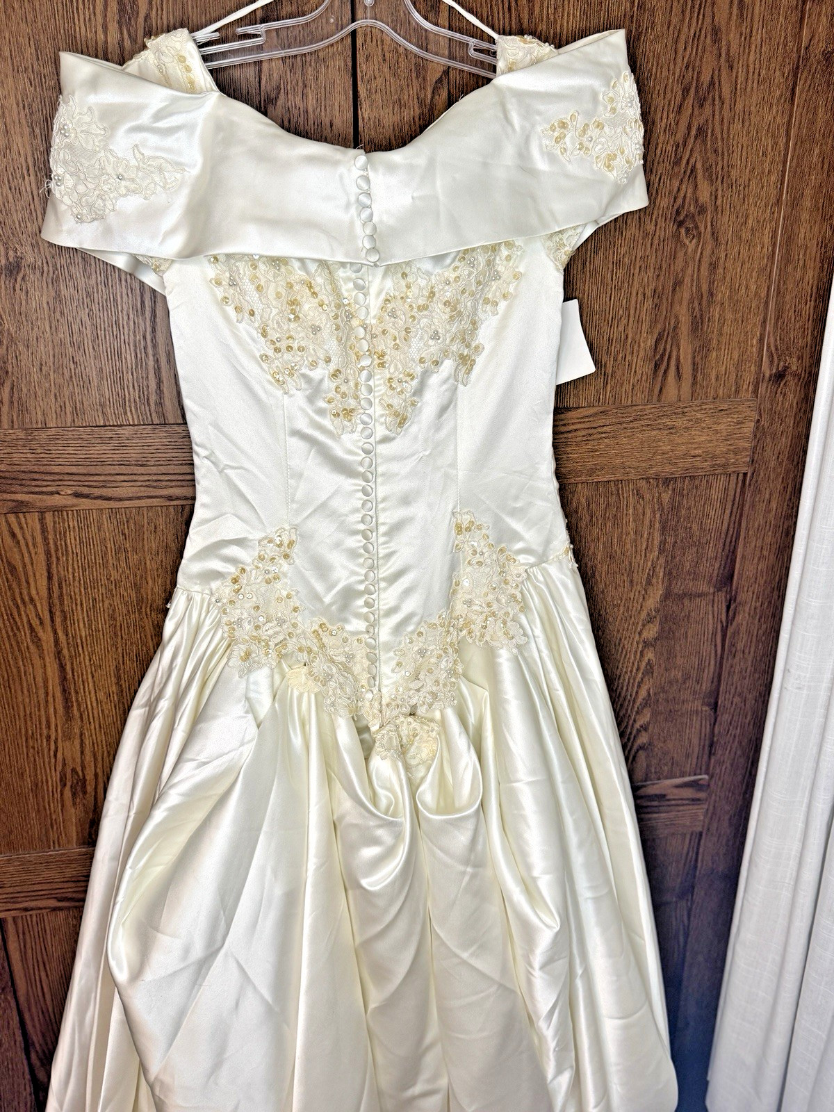 Vintage Alfred Angelo Off Shoulder Satin Wedding Dress Lace Train – Needs Repair