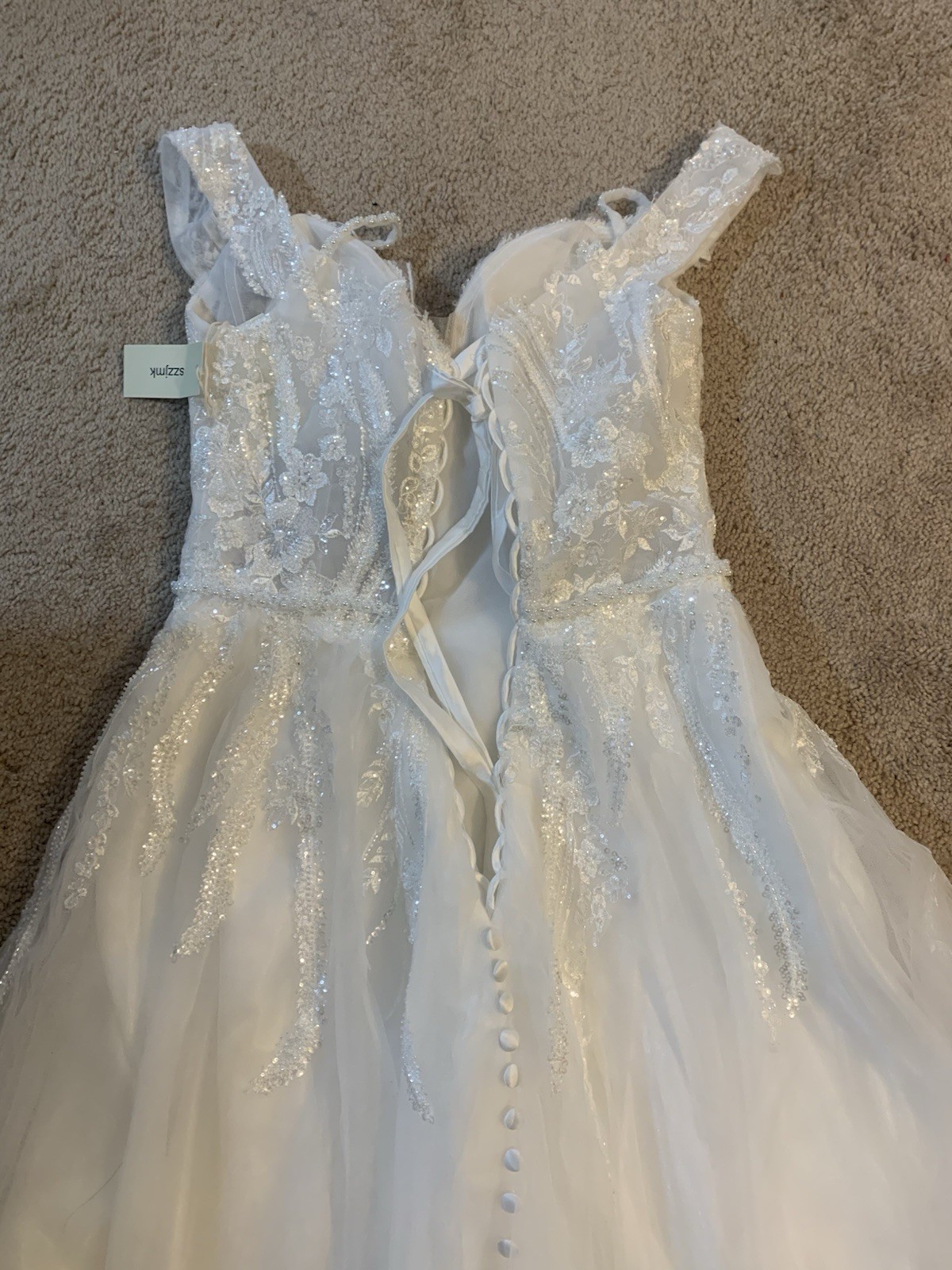 Watters Ivory Lace Beaded A-Line Full-Length Wedding Dress Button Back Straps