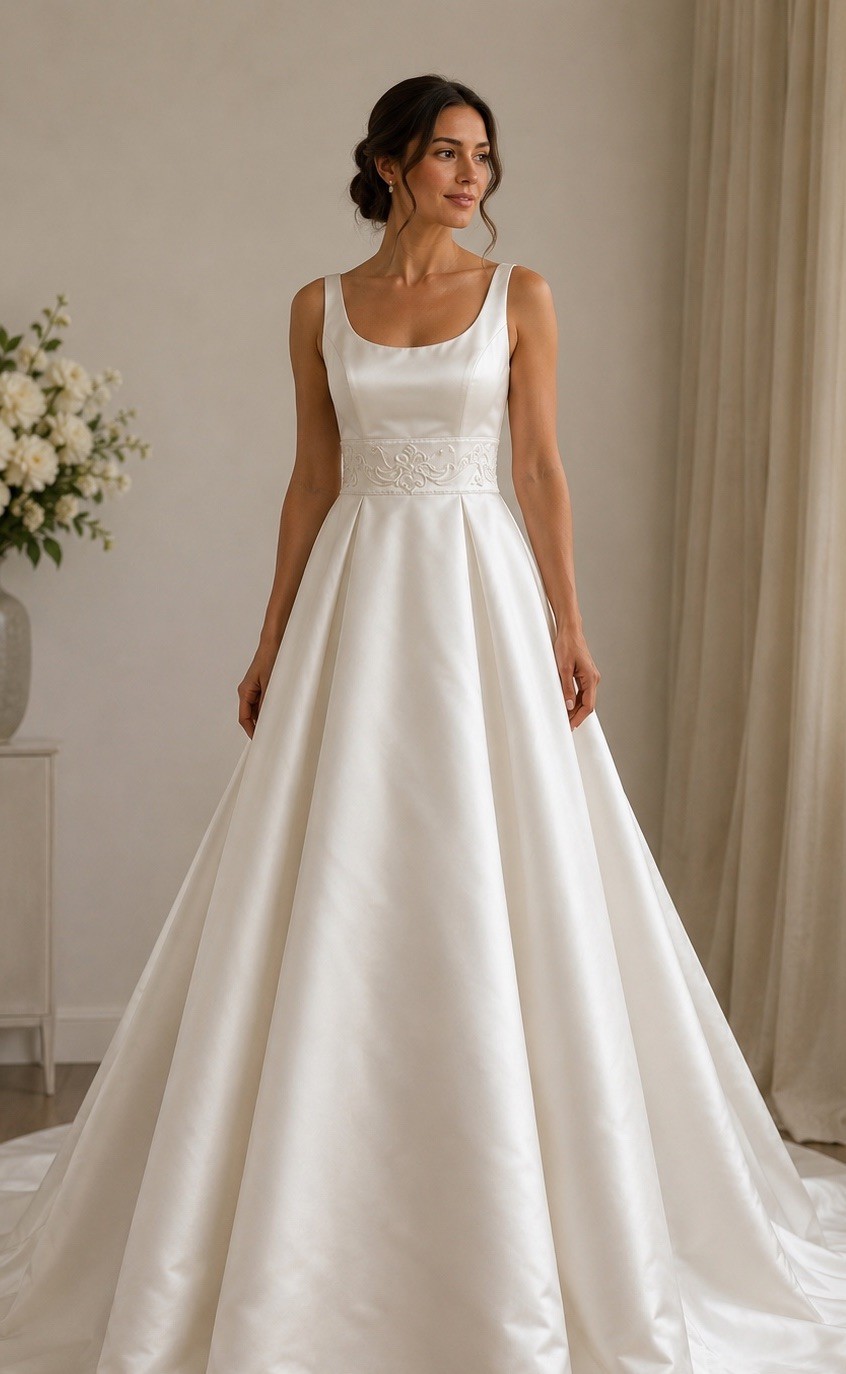 Mori Lee Y2K Satin Wedding Dress A-Line Button Back Beaded Waist Bridal Sz 2