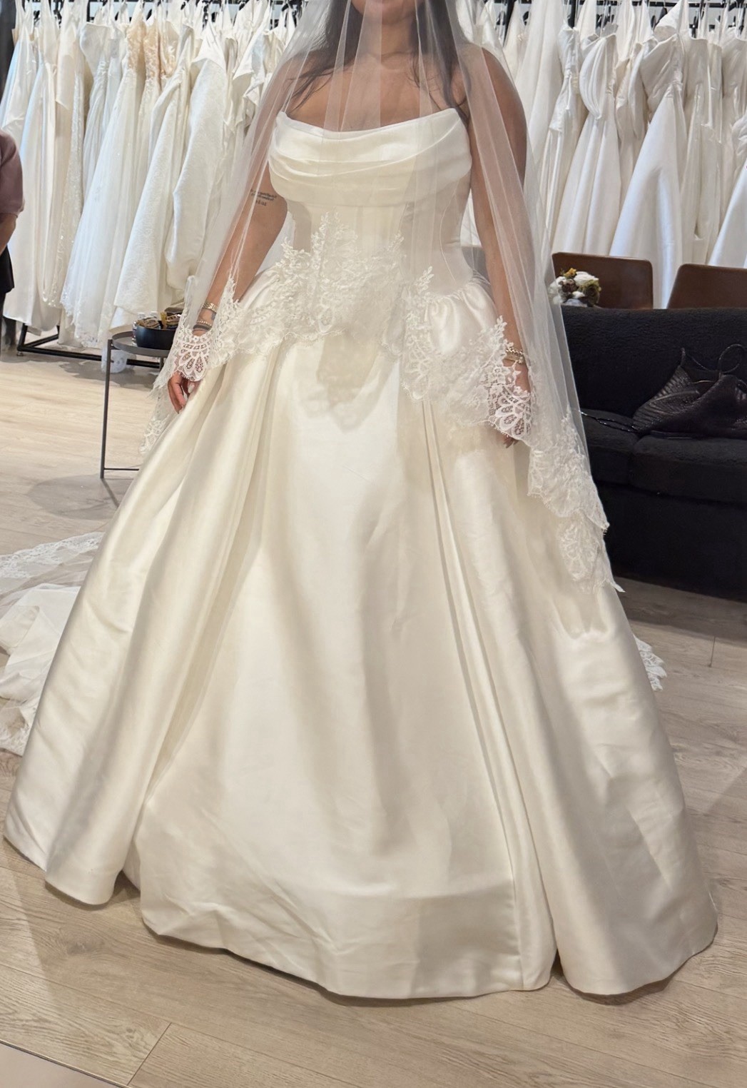 Strapless White Satin Ball Gown/Duchess Wedding Dress Train Zipper/Buttons
