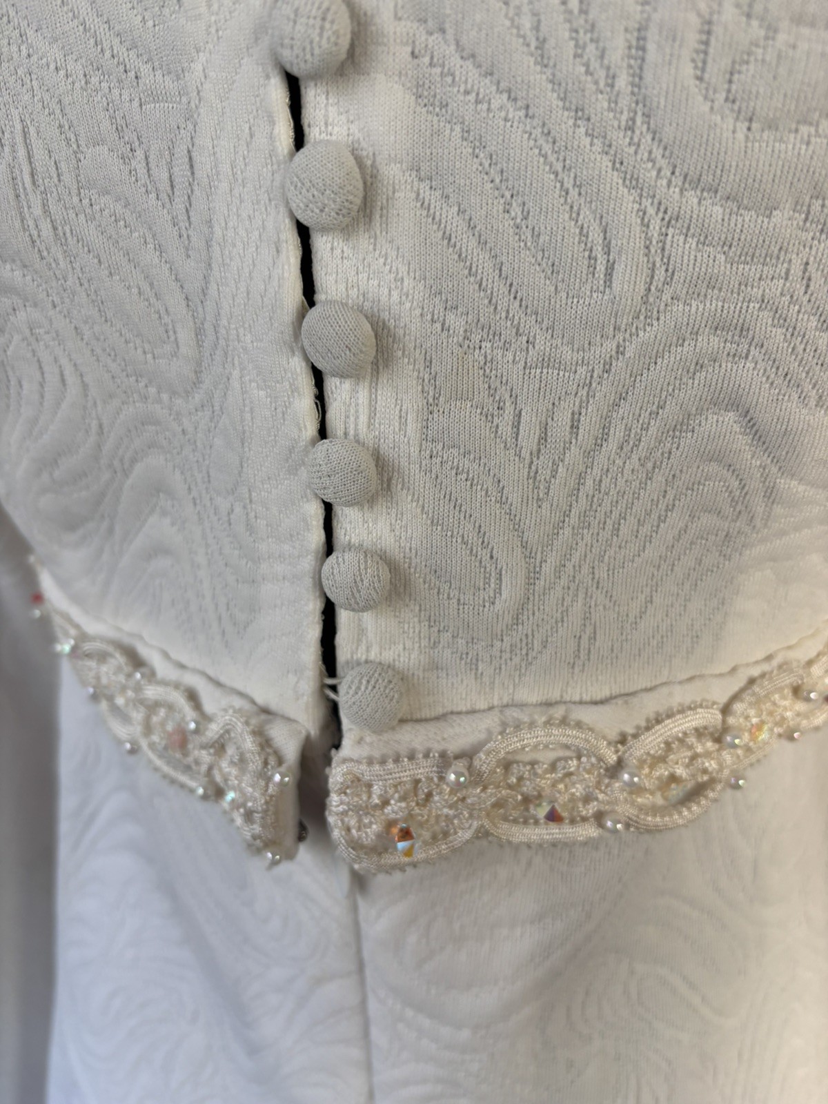 Vintage MCM 1960s Ivory Jacquard Wedding Dress bridal beaded Lace bell sleeves
