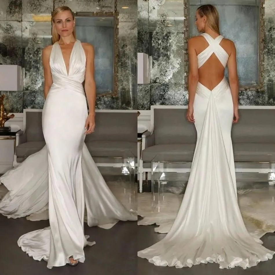 Sexy Beach Mermaid Wedding Dresses Halter Sleeveless Satin Train Bridal Gowns
